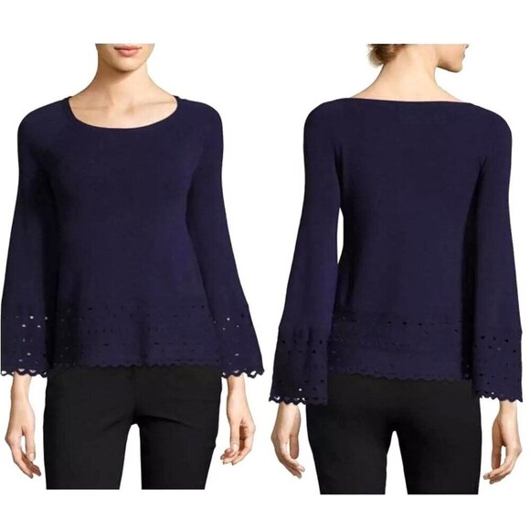 RAMY BROOK Dianna Sweater Top Womens XS Laser Cut Bell Sleeve Navy Blue Capsule - Picture 1 of 11